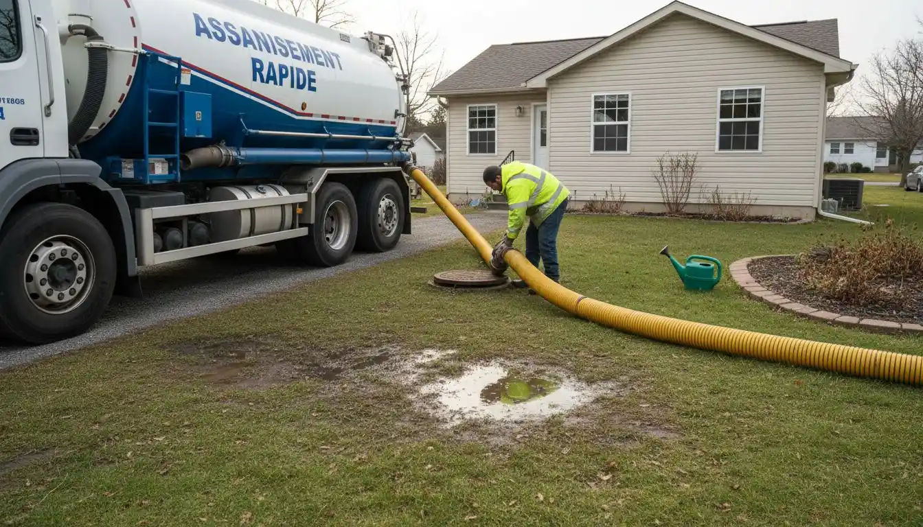 Camion de vidange raccordé à la fosse septique par un tuyau