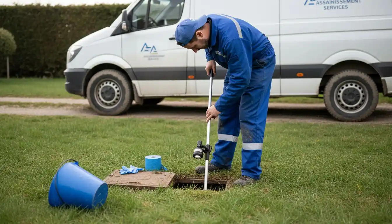 Un professionnel effectue le contrôle de la fosse septique au fond du jardin.