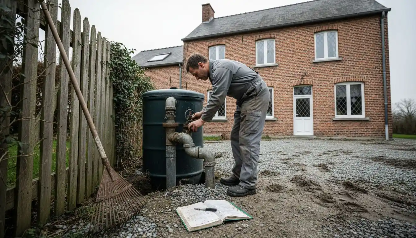 Un professionnel contrôle l’état des conduits reliés à la fosse septique située à l’extérieur.