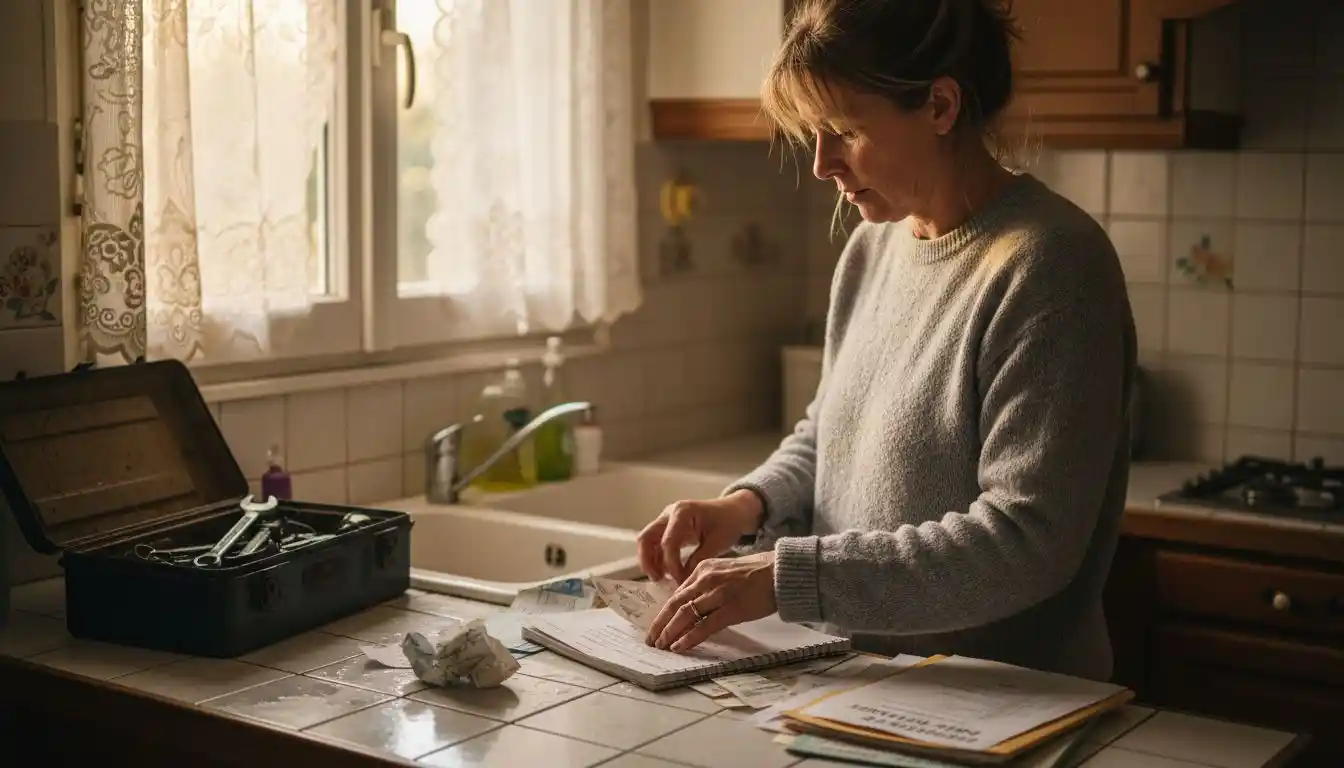 Le propriétaire classe soigneusement les papiers relatifs à l’entretien de la fosse septique.