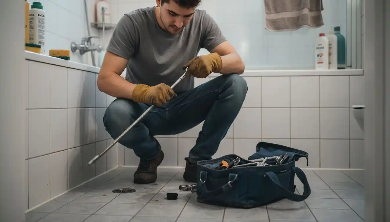 Les outils de débouchage sont rangés dans la salle de bain.