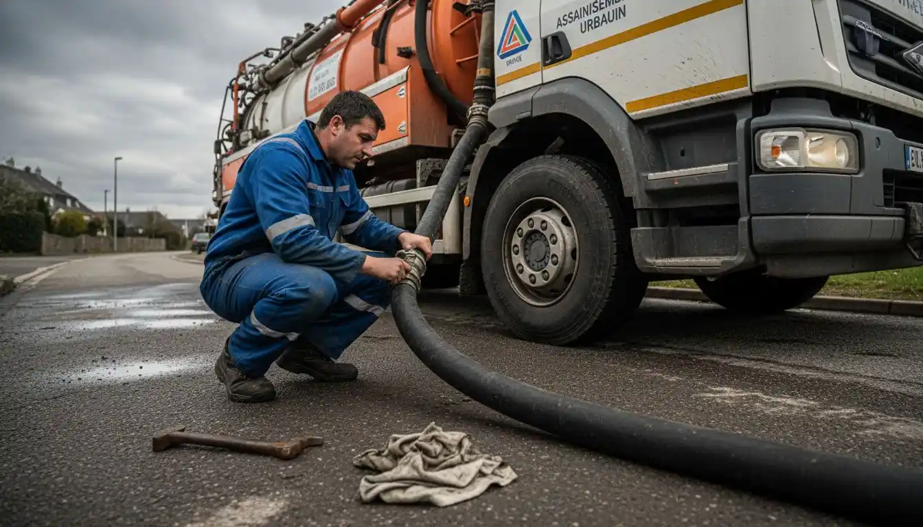 Un agent d’entretien procède au nettoyage d’une fosse à l’aide d’un camion hydrocureur.