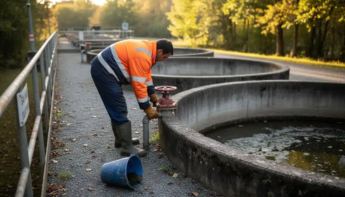 L’opérateur procède au réglage d’une vanne sur la station de traitement des boues.
