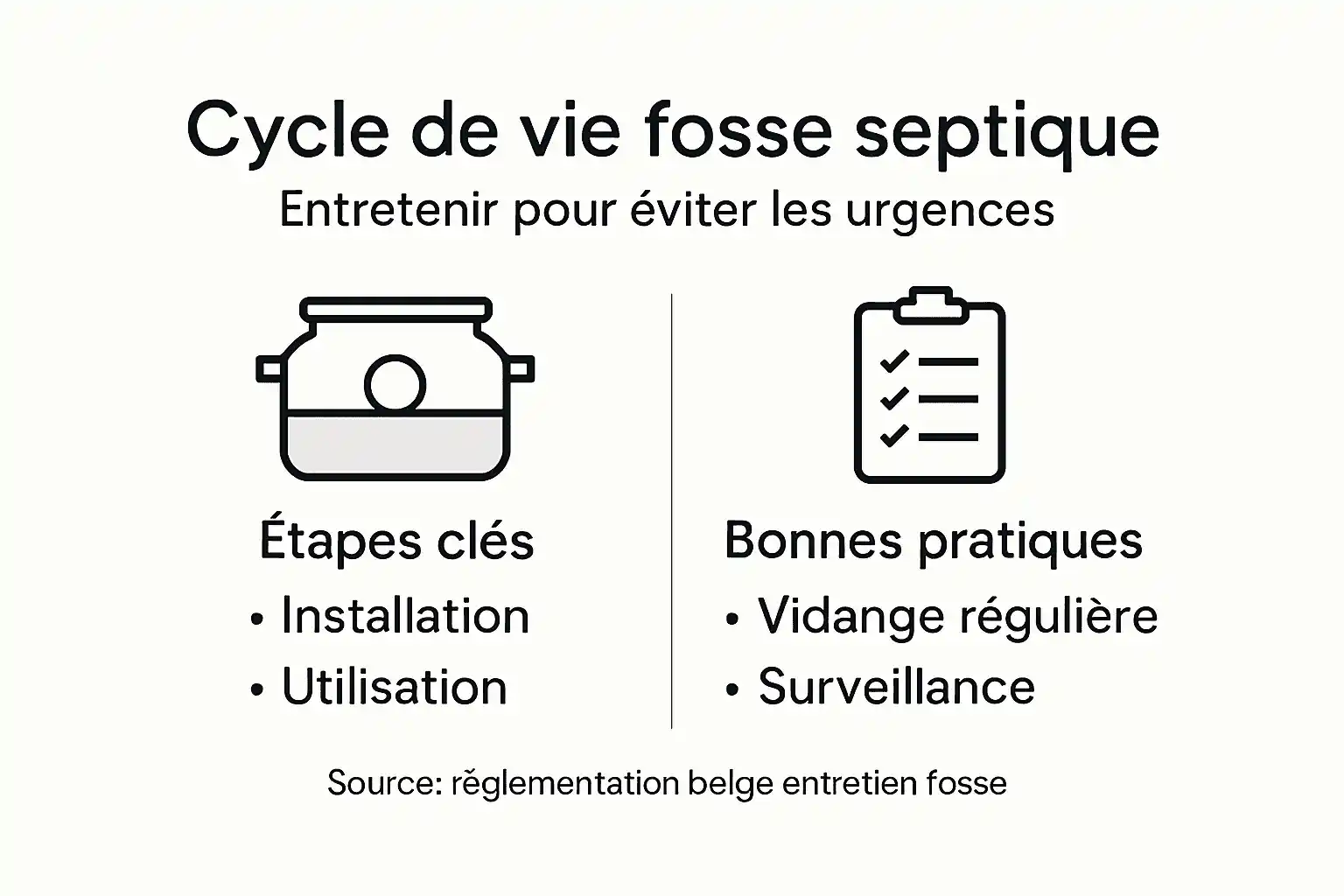Schéma explicatif du cycle de vie d'une fosse septique en Belgique
