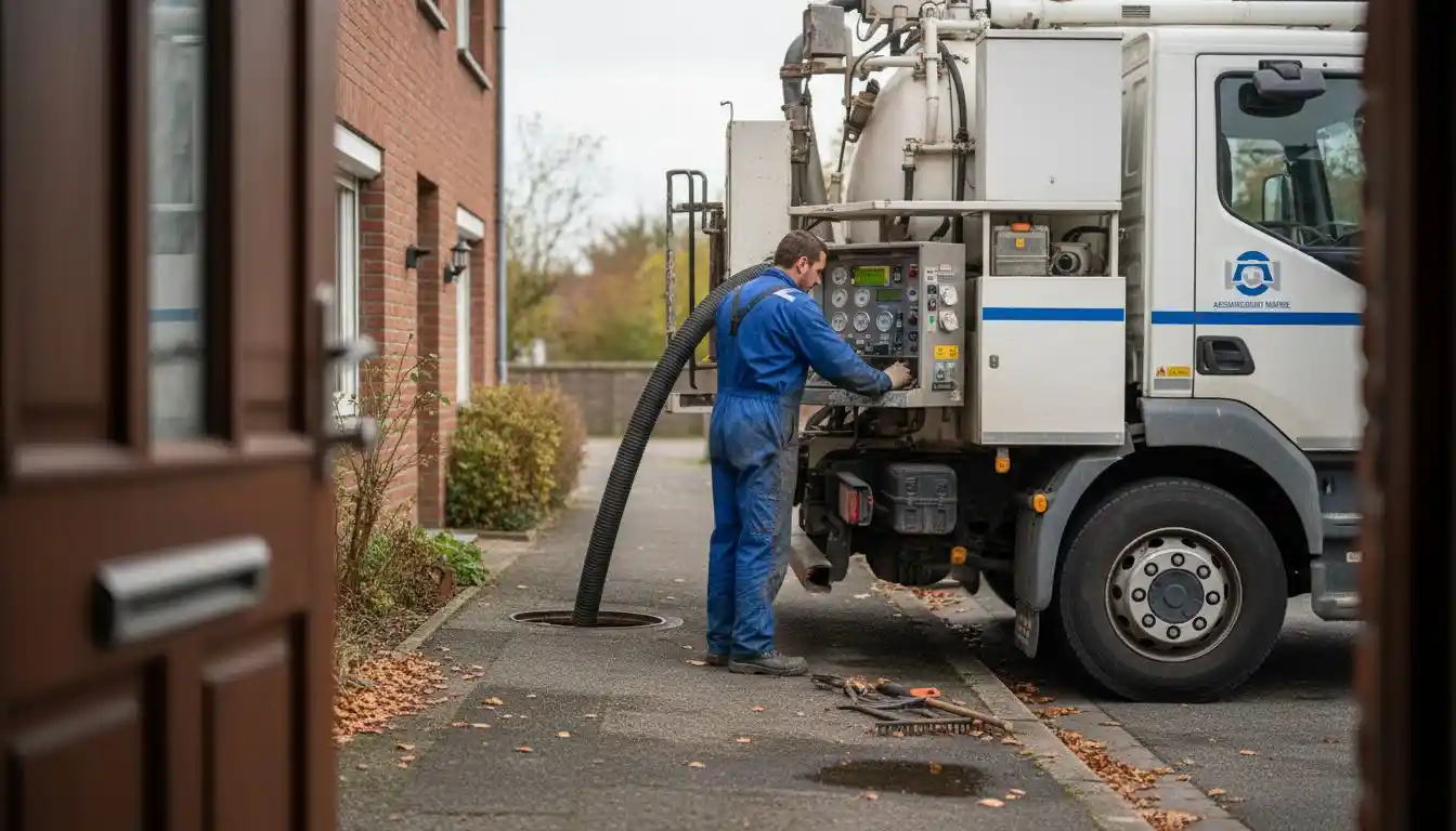 Service de vidange réalisé devant une habitation en Belgique