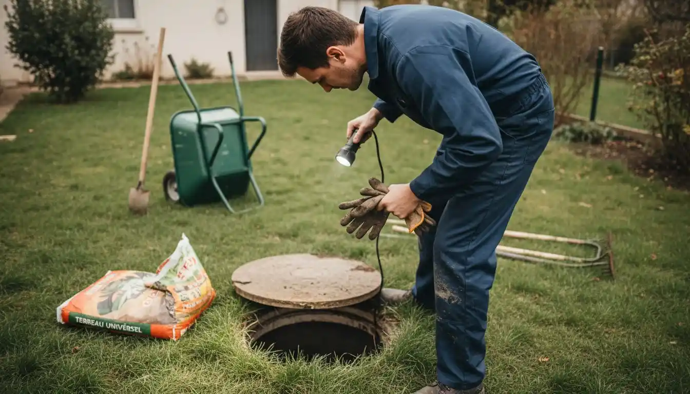 Un plombier procède à l’inspection d’une fosse septique installée dans le jardin.