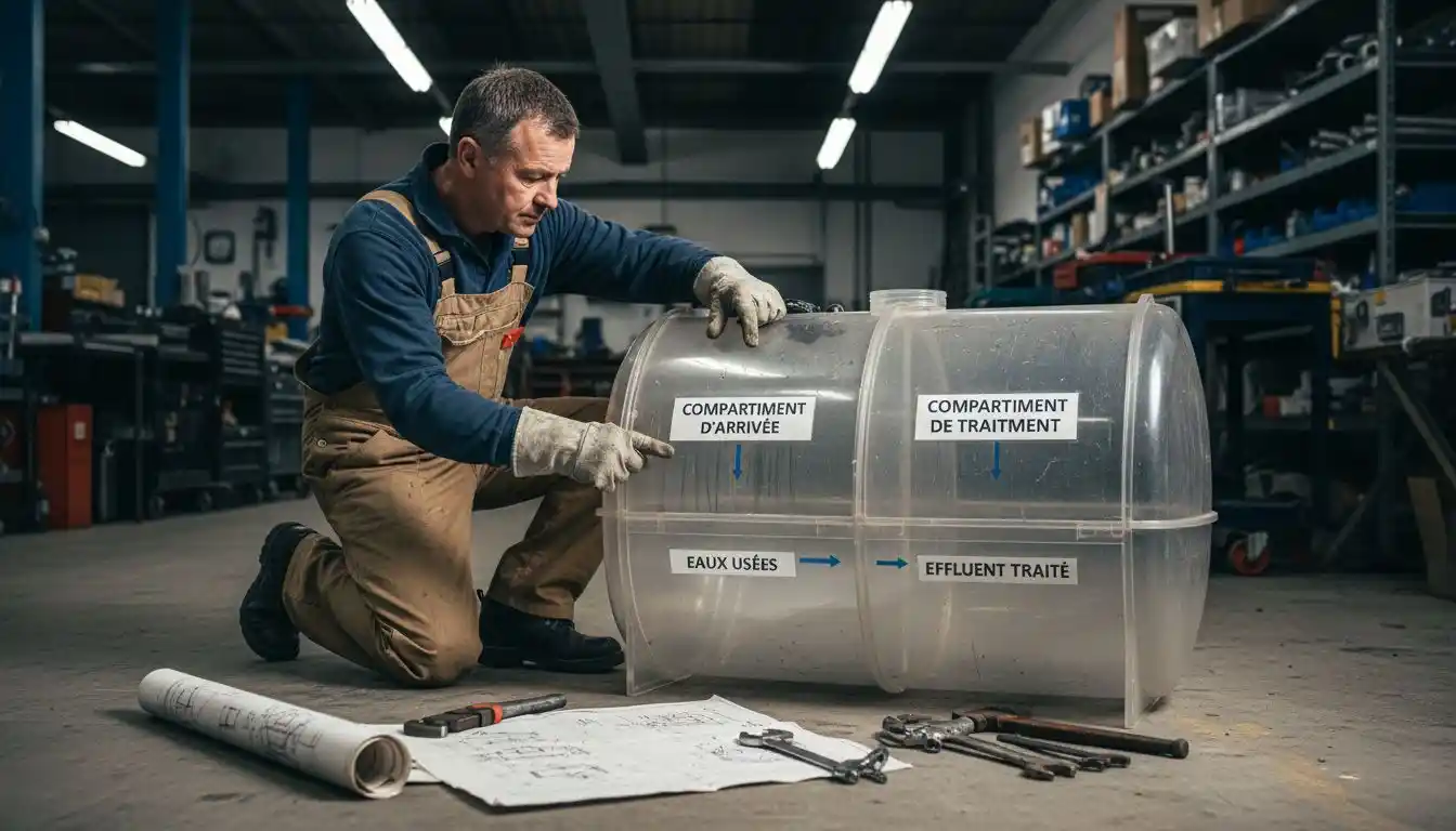 Un plombier présente une maquette de fosse septique à deux compartiments.