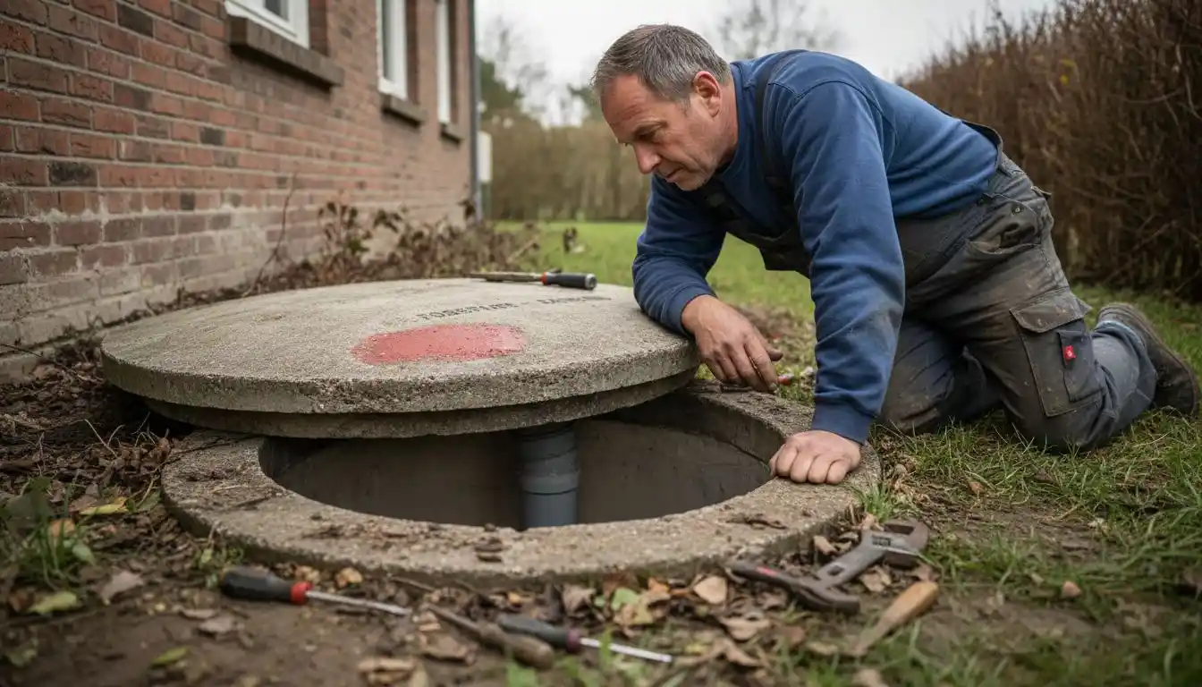 Un plombier intervient pour réparer la fosse septique d’une maison en briques.