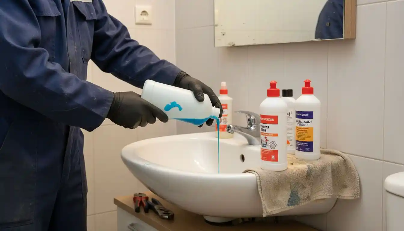 Un plombier qui utilise des produits chimiques pour venir à bout des canalisations bouchées.