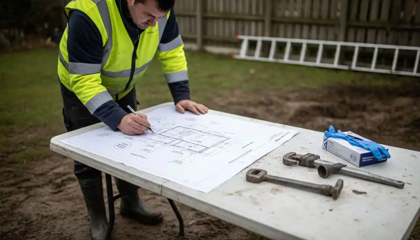 Un spécialiste se penche sur le plan d’installation d’une fosse septique, vérifiant chaque détail pour assurer son bon fonctionnement.