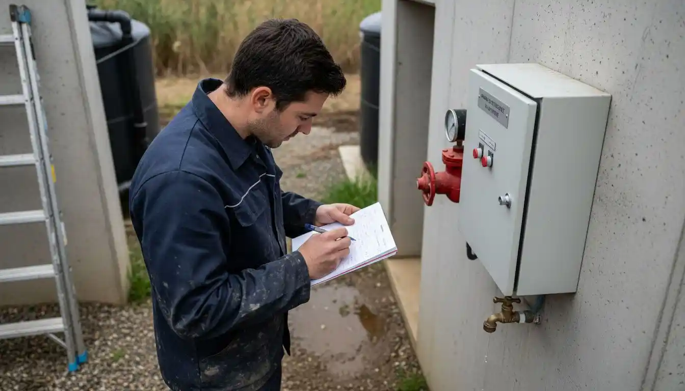 Un technicien prend des notes sur l’état de la fosse septique lors de son inspection.