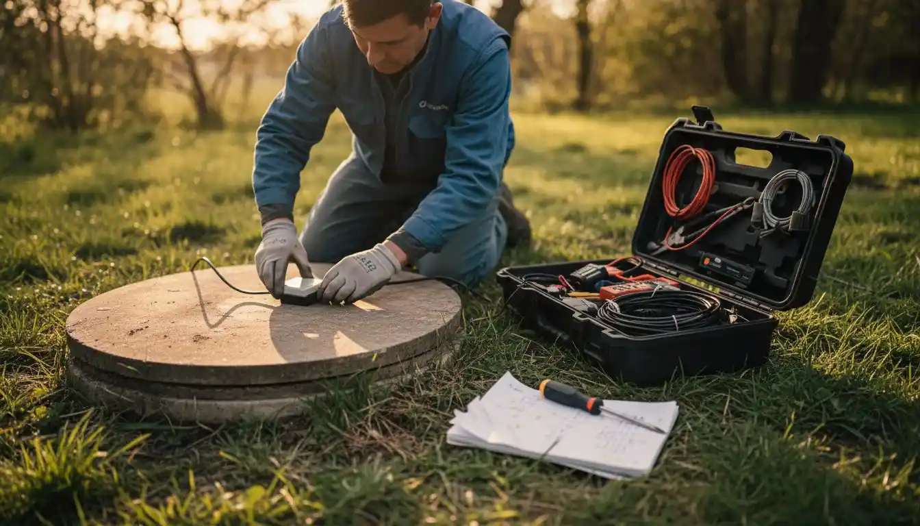 Un technicien procède à l’installation d’un capteur dans une fosse septique.