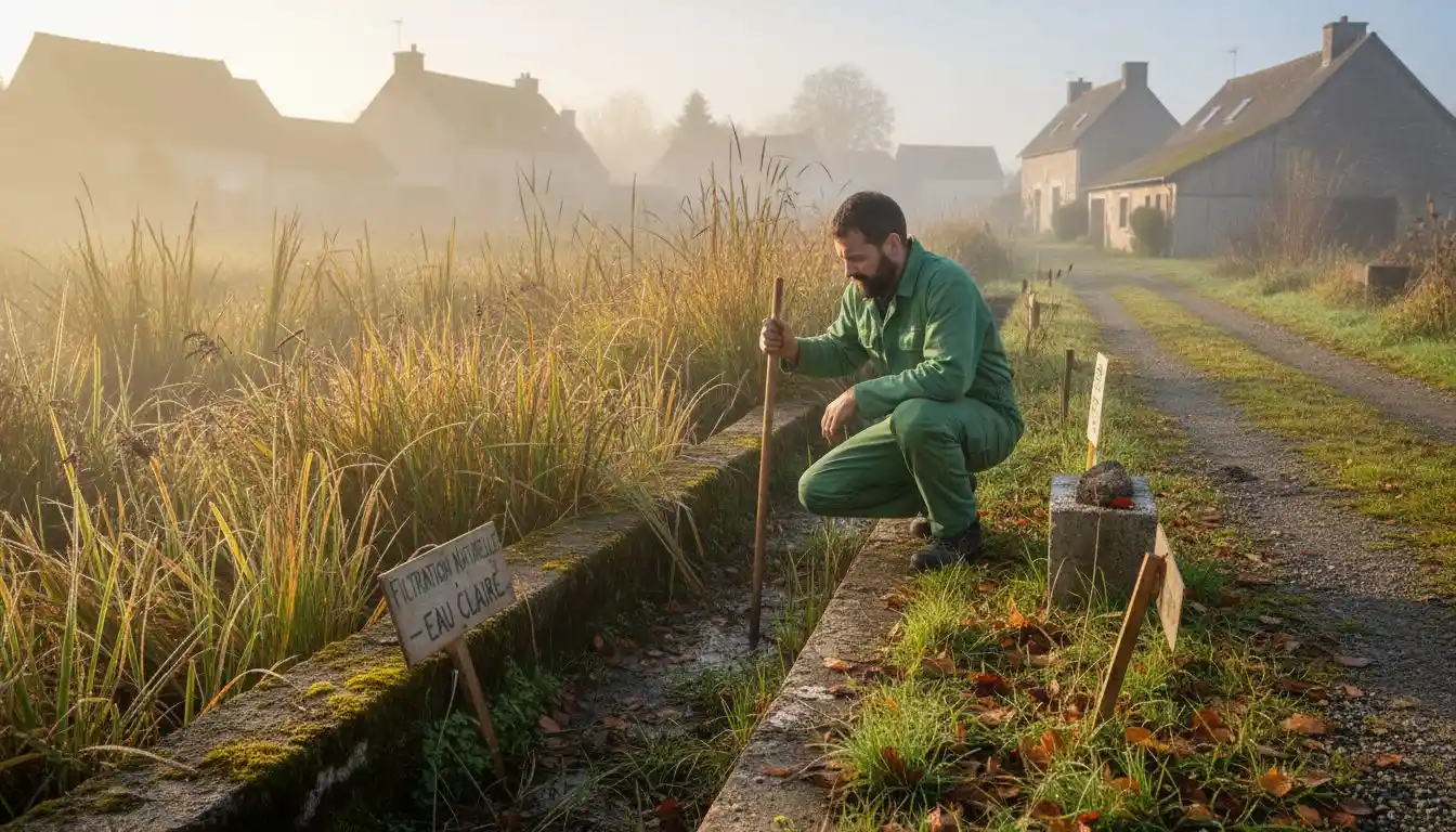 Un technicien effectue une vérification sur un système de traitement écologique des eaux usées en plein air.