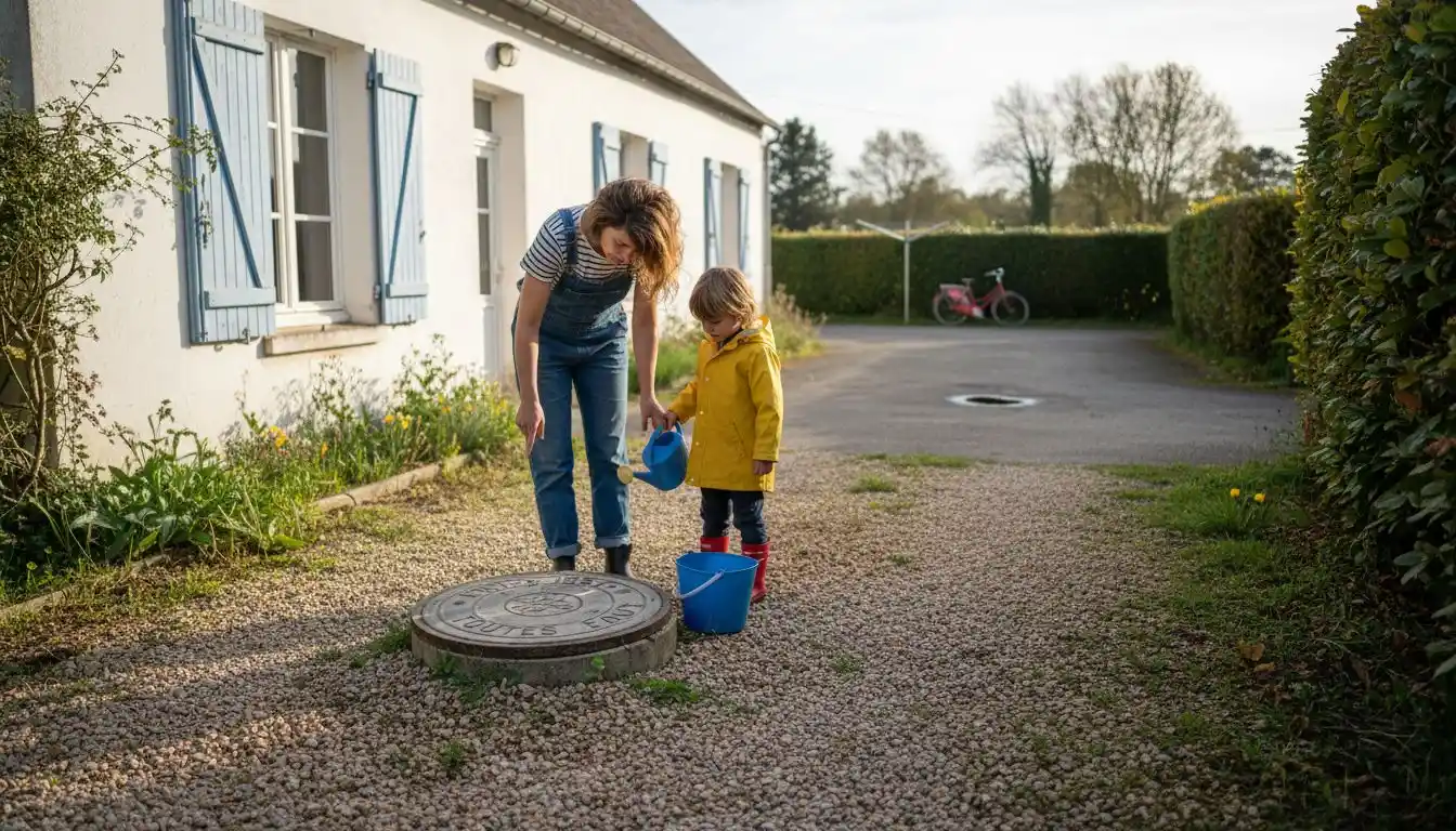 Une femme explique à un enfant à quoi sert une trappe d’inspection.