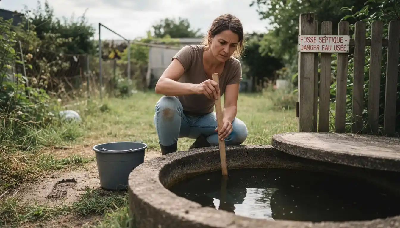 Une femme vérifie le niveau d’eau dans sa fosse septique.