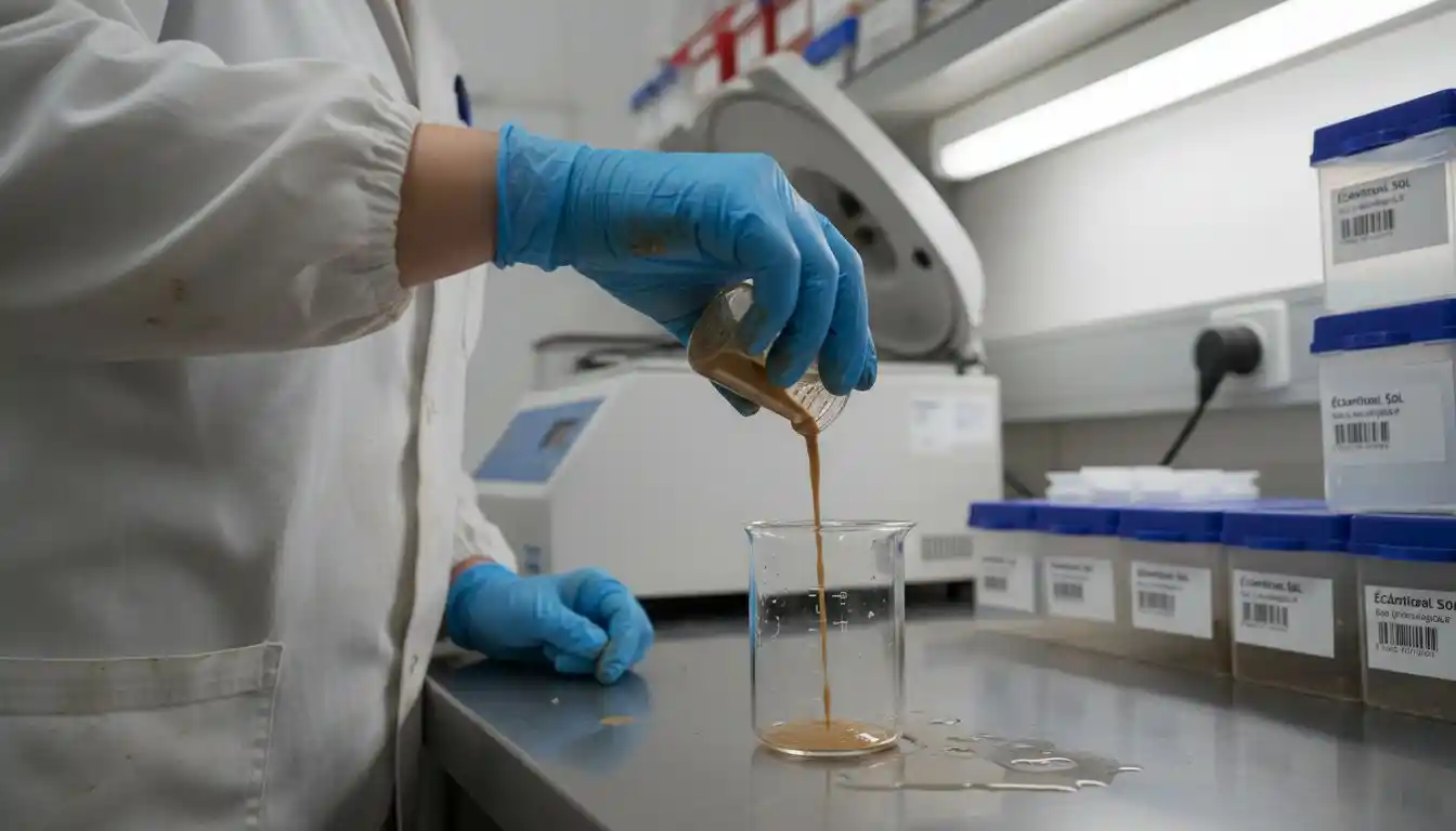 Une technicienne verse de la boue dans un équipement de laboratoire.