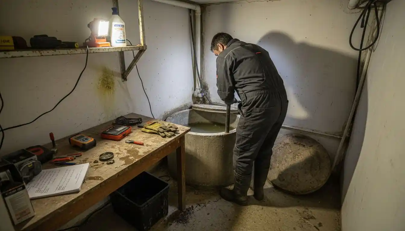 Vérification de la fosse septique depuis le local technique