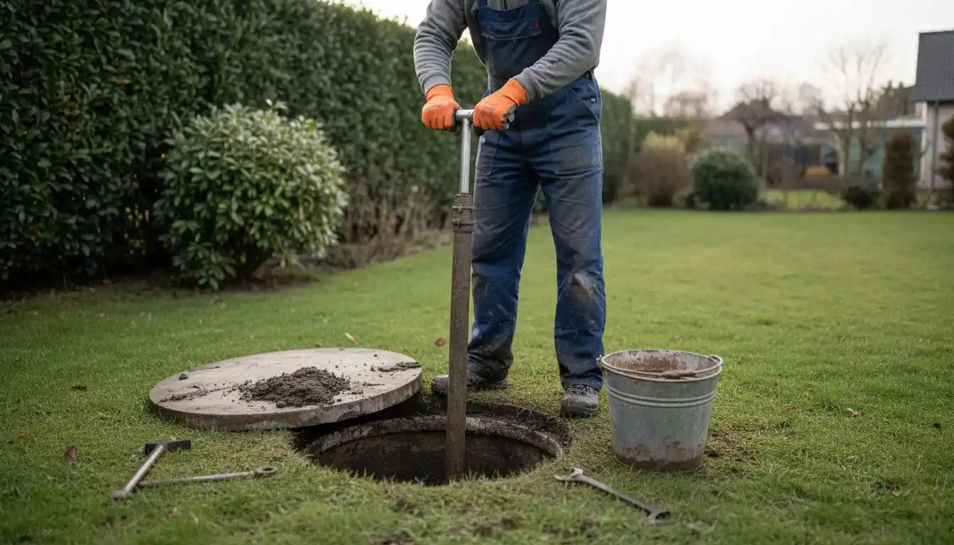 Un professionnel procède à la vidange d’une fosse septique à l’aide d’une pompe spécialisée.